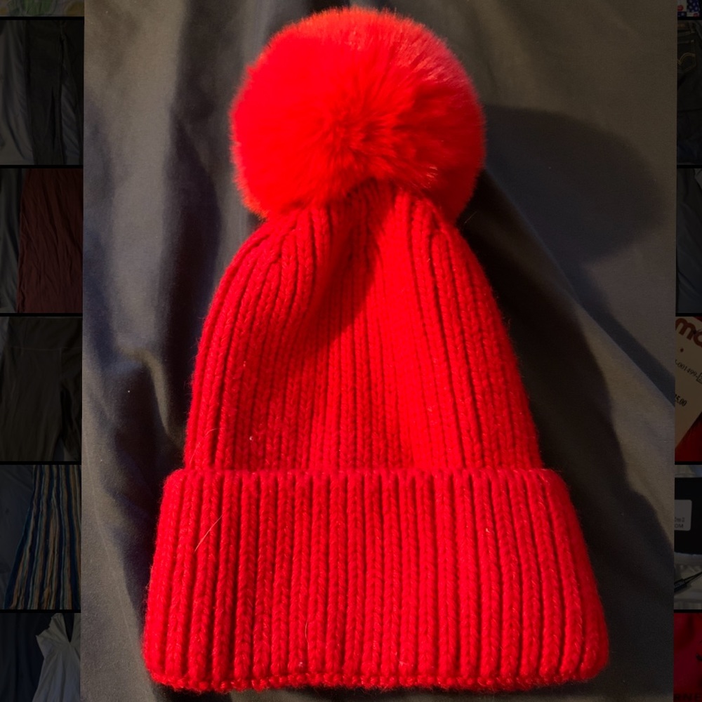 Red beanie with pom pom